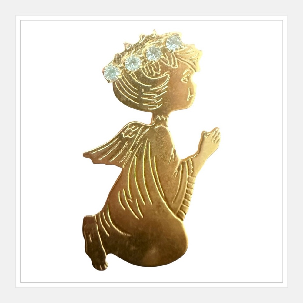 Vintage 1980’s Bright Gold Angel Brooch with Rhinestone Halo, 1.5”